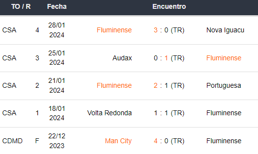 Últimos 5 Jogos do Fluminense 29012024